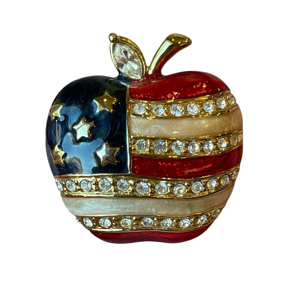 Red White & Blue Enamel & Rhinestone Patriotic Puffy Apple Gold Tone Pin Brooch